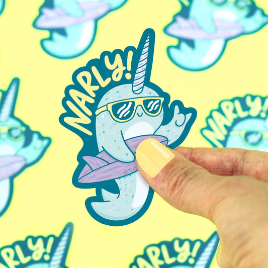 Surfing Narwhal Narly Vinyl Sticker